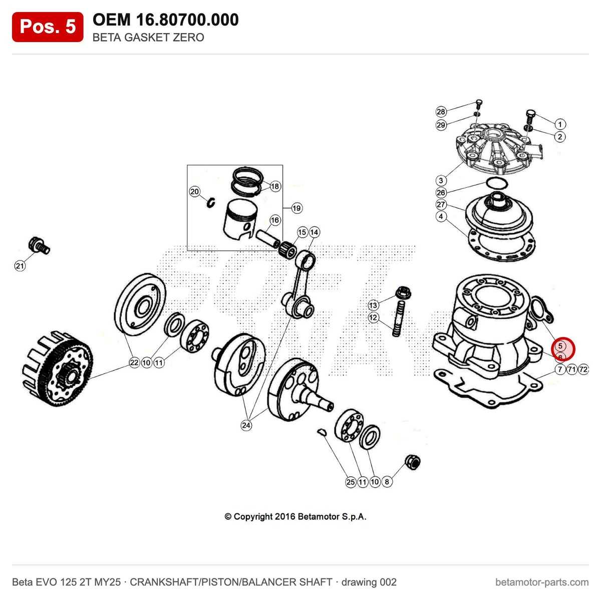 BETA GASKET ZERO – OEM 16.80700.000, position 5 on the Beta EVO 125 2T MY25 crankshaft/piston/balancer shaft drawing