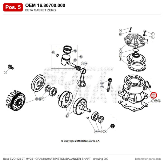 BETA GASKET ZERO – OEM 16.80700.000, position 5 on the Beta EVO 125 2T MY25 crankshaft/piston/balancer shaft drawing