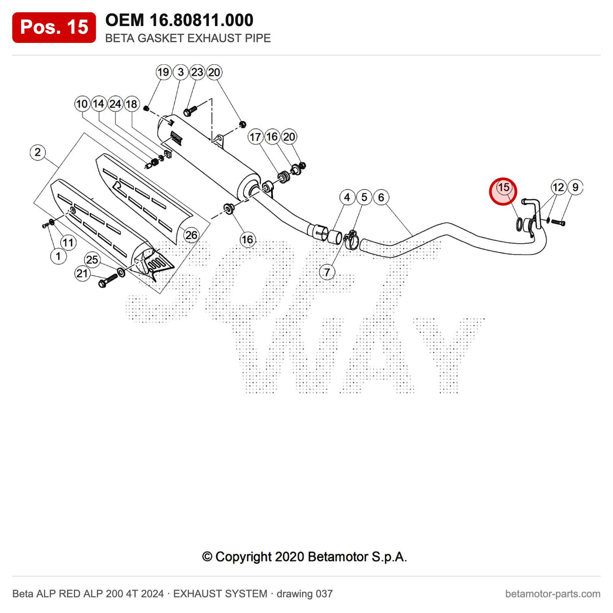 BETA GASKET EXHAUST PIPE – OEM 16.80811.000, position 15 on the Beta ALP RED ALP 200 4T 2024 exhaust system drawing