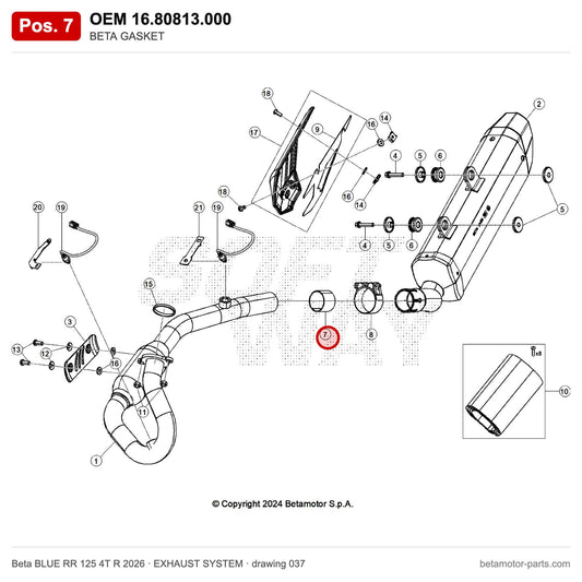 BETA GASKET – OEM 16.80813.000, position 7 on the Beta BLUE RR 125 4T R 2026 exhaust system drawing