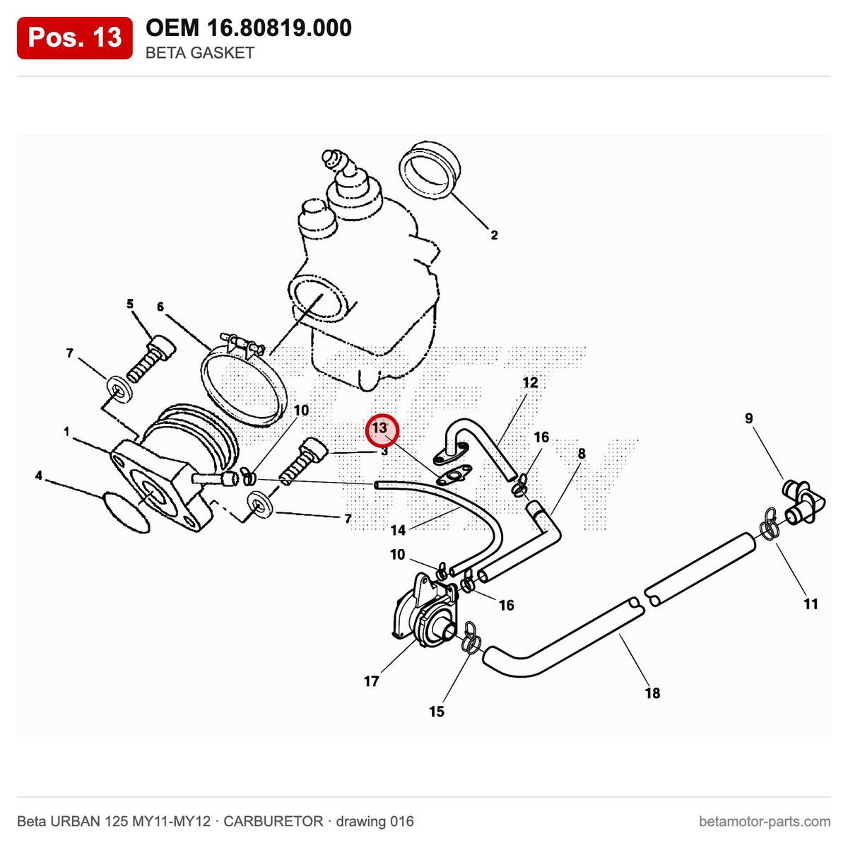 BETA GASKET – OEM 16.80819.000, position 13 on the Beta URBAN 125 MY11-MY12 carburetor drawing