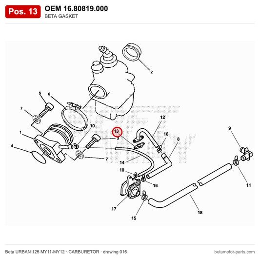 BETA GASKET – OEM 16.80819.000, position 13 on the Beta URBAN 125 MY11-MY12 carburetor drawing