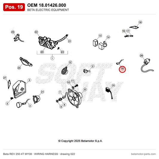 BETA ELECTRIC EQUIPMENT – OEM 18.01426.000, position 19 on the Beta REV 250 4T MY08 wiring harness drawing