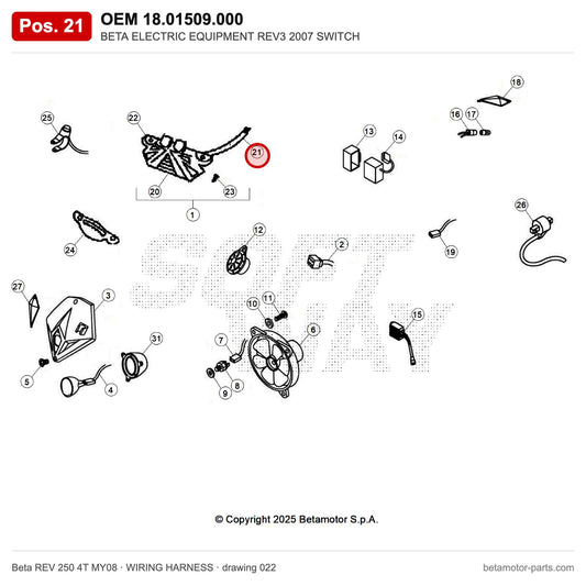 BETA ELECTRIC EQUIPMENT REV3 2007 SWITCH – OEM 18.01509.000, position 21 on the Beta REV 250 4T MY08 wiring harness drawing