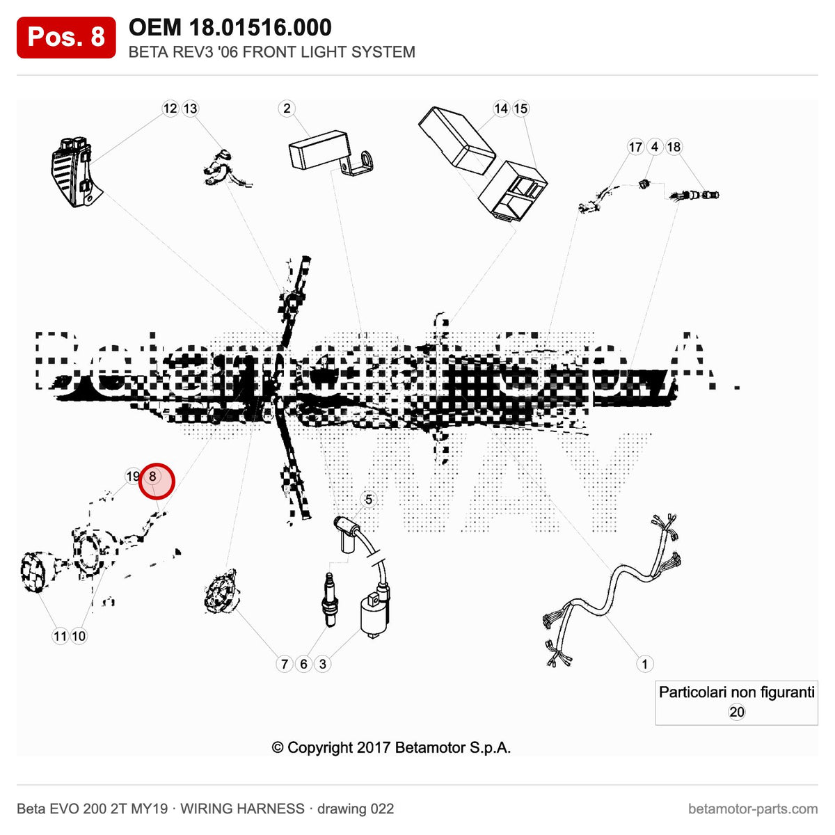 BETA REV3 '06 FRONT LIGHT SYSTEM – OEM 18.01516.000, position 8 on the Beta EVO 200 2T MY19 wiring harness drawing