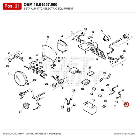 BETA ALP 4T '03 ELECTRIC EQUIPMENT – OEM 18.01557.000, position 21 on the Beta ALP 200 MY07 wiring harness drawing