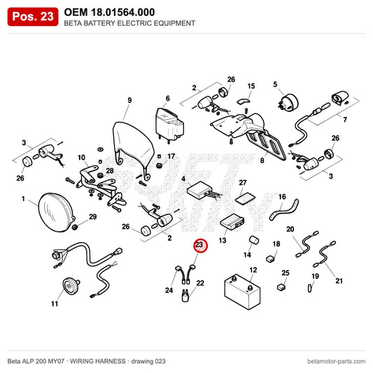 BETA BATTERY ELECTRIC EQUIPMENT – OEM 18.01564.000, position 23 on the Beta ALP 200 MY07 wiring harness drawing