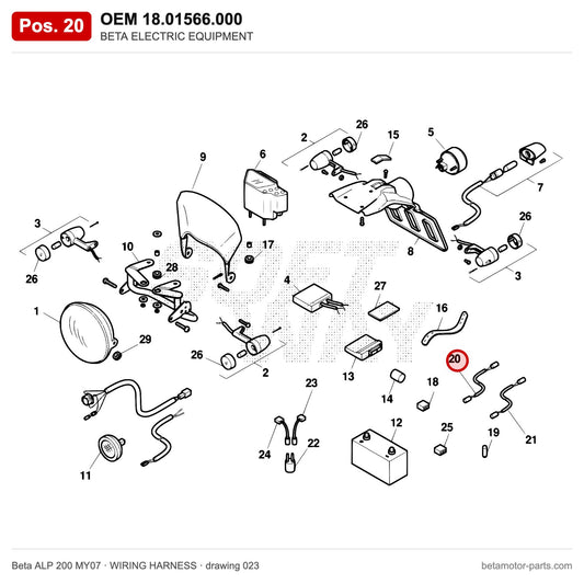 BETA ELECTRIC EQUIPMENT – OEM 18.01566.000, position 20 on the Beta ALP 200 MY07 wiring harness drawing