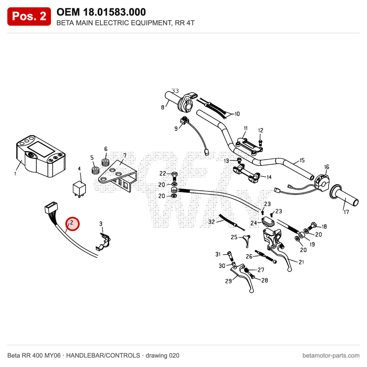 BETA MAIN ELECTRIC EQUIPMENT, RR 4T – OEM 18.01583.000, position 2 on the Beta RR 400 MY06 handlebar/controls drawing