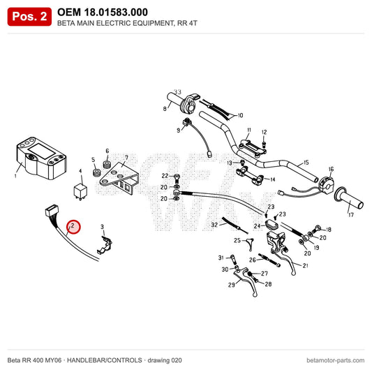 BETA MAIN ELECTRIC EQUIPMENT, RR 4T – OEM 18.01583.000, position 2 on the Beta RR 400 MY06 handlebar/controls drawing