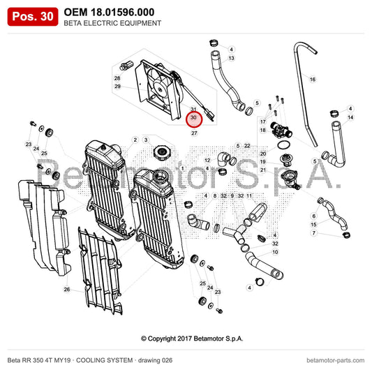 BETA ELECTRIC EQUIPMENT – OEM 18.01596.000, position 30 on the Beta RR 350 4T MY19 cooling system drawing