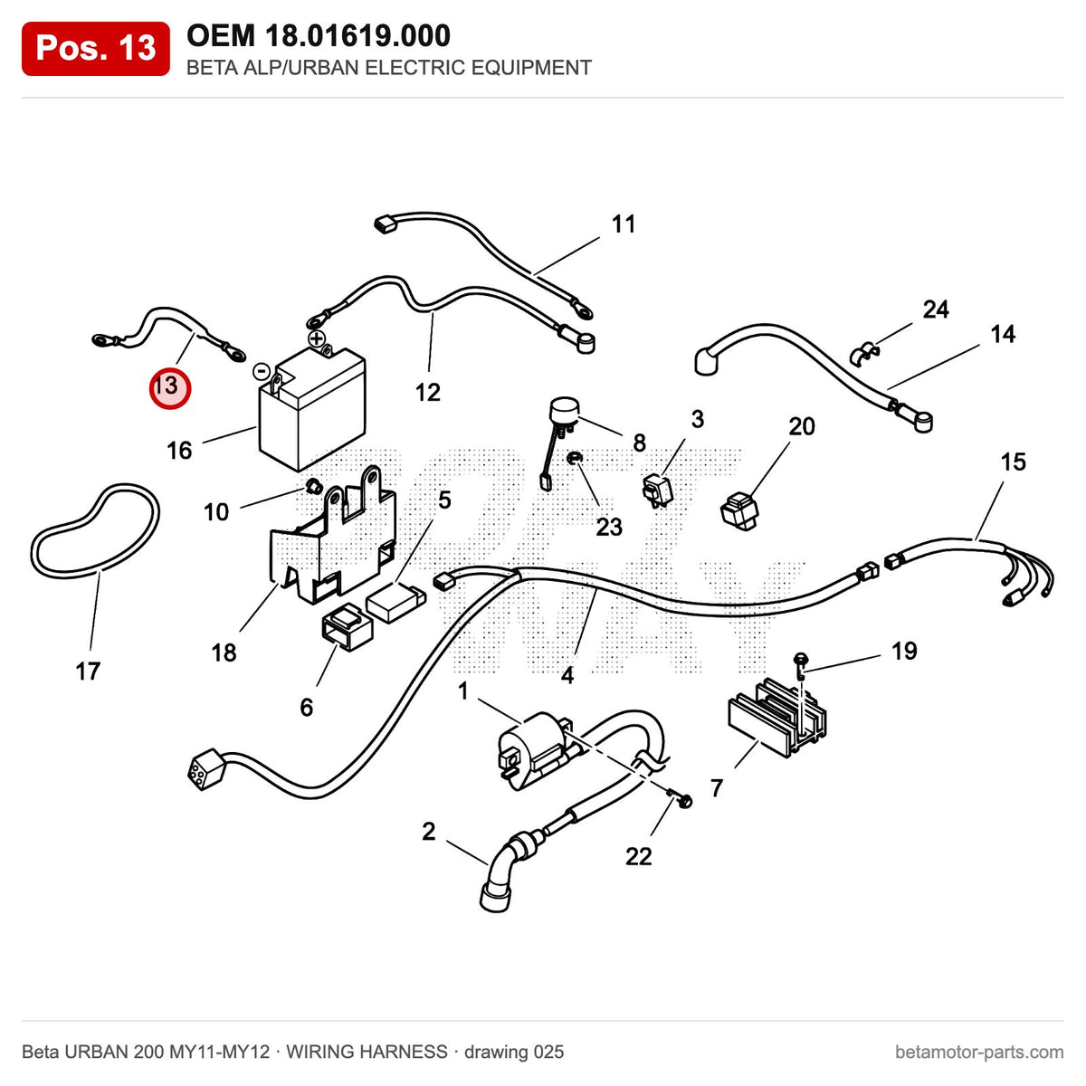 BETA ALP/URBAN ELECTRIC EQUIPMENT – OEM 18.01619.000, position 13 on the Beta URBAN 200 MY11-MY12 wiring harness drawing