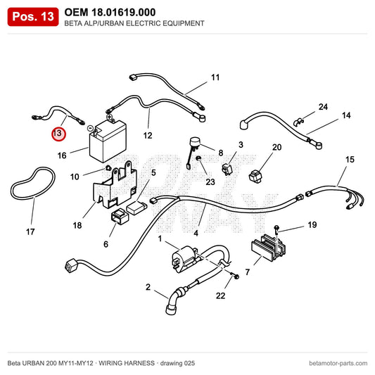 BETA ALP/URBAN ELECTRIC EQUIPMENT – OEM 18.01619.000, position 13 on the Beta URBAN 200 MY11-MY12 wiring harness drawing