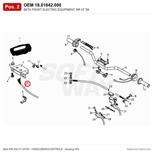 BETA FRONT ELECTRIC EQUIPMENT, RR 4T '08 – OEM 18.01642.000, position 2 on the Beta RR 400 4T MY09 handlebar/controls drawing