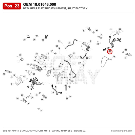 BETA REAR ELECTRIC EQUIPMENT, RR 4T FACTORY – OEM 18.01643.000, position 23 on the Beta RR 400 4T STANDARD/FACTORY MY12 wiring harness drawing