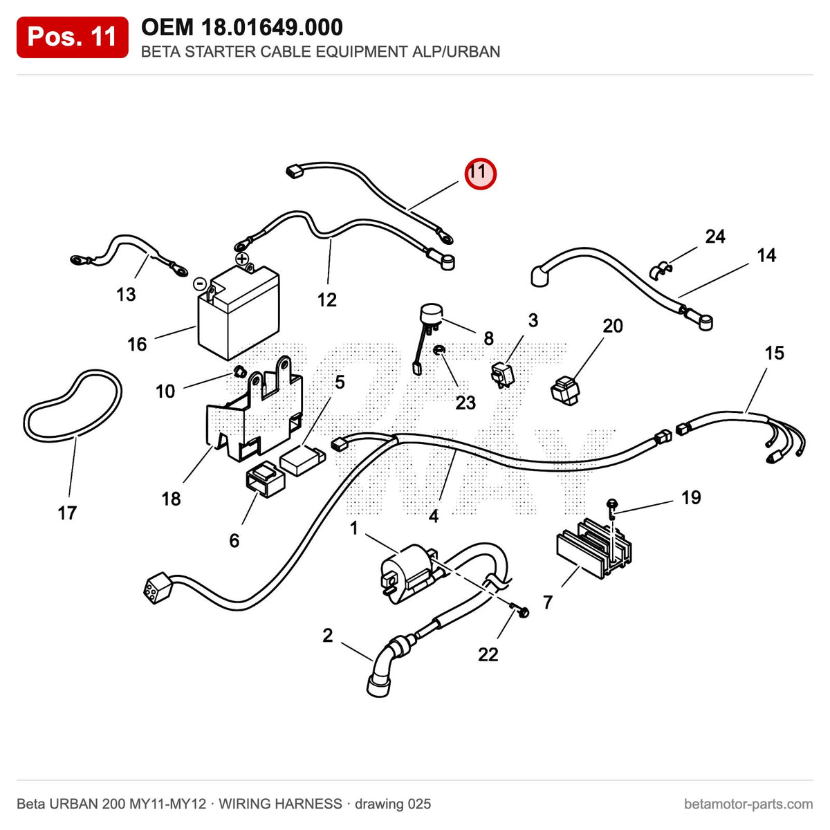 BETA STARTER CABLE EQUIPMENT ALP/URBAN – OEM 18.01649.000, position 11 on the Beta URBAN 200 MY11-MY12 wiring harness drawing