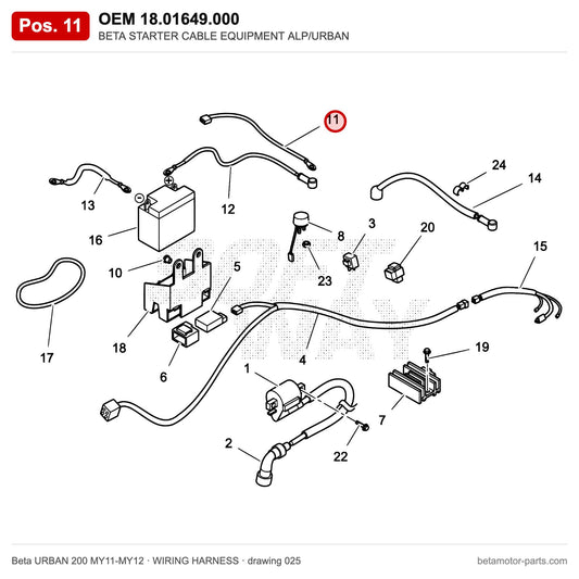 BETA STARTER CABLE EQUIPMENT ALP/URBAN – OEM 18.01649.000, position 11 on the Beta URBAN 200 MY11-MY12 wiring harness drawing