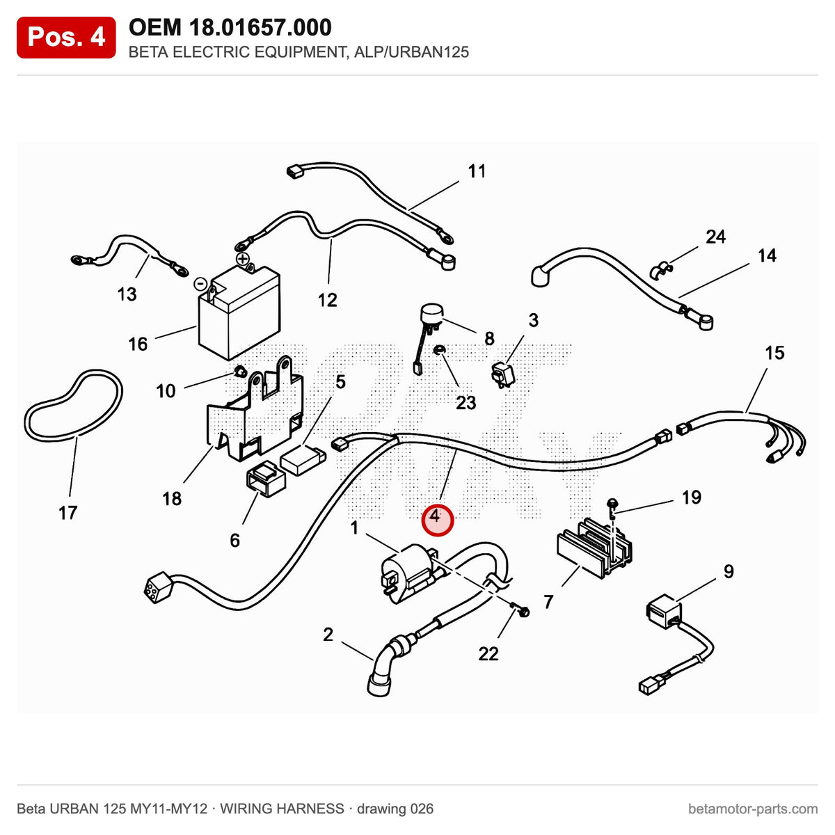 BETA ELECTRIC EQUIPMENT, ALP/URBAN125 – OEM 18.01657.000, position 4 on the Beta URBAN 125 MY11-MY12 wiring harness drawing