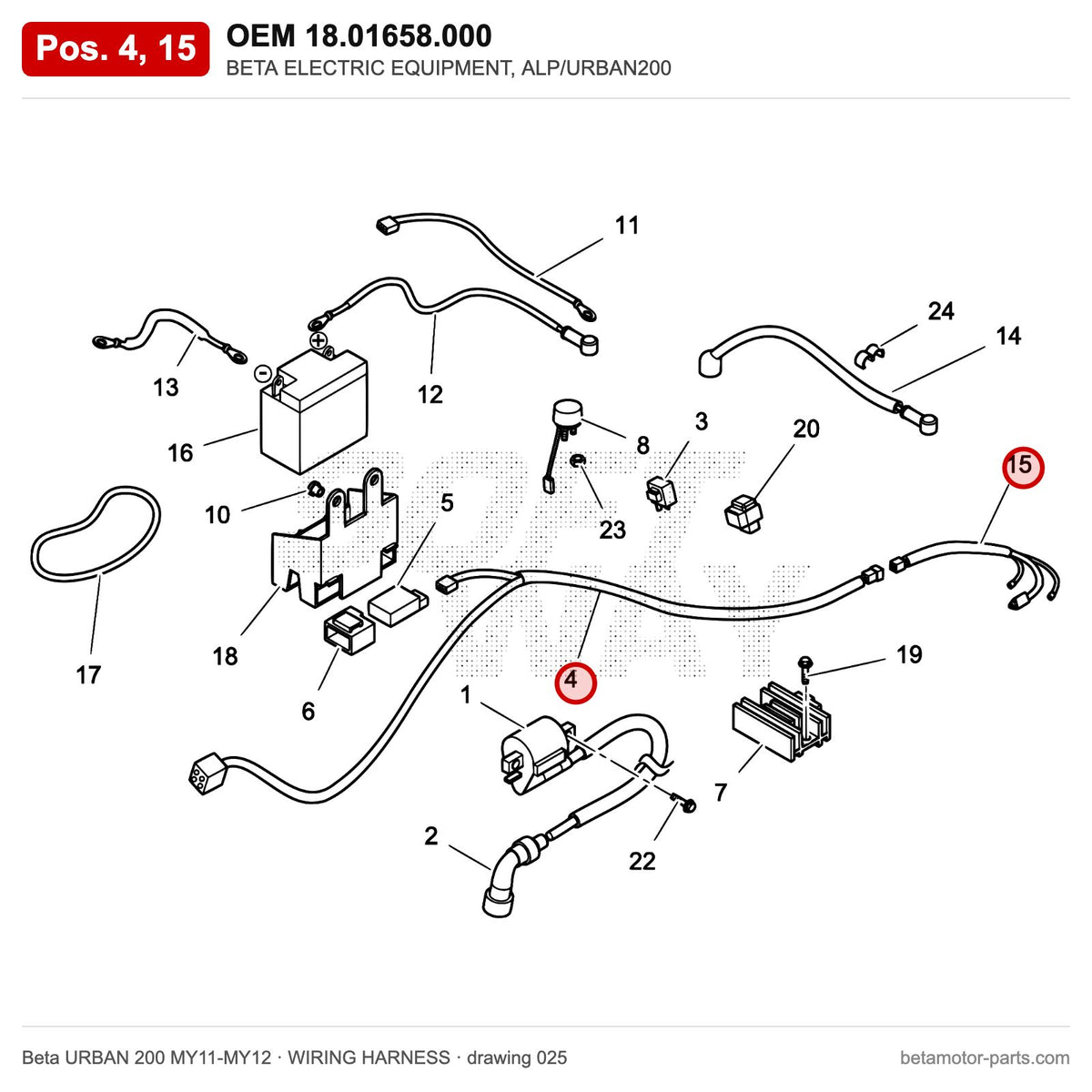 BETA ELECTRIC EQUIPMENT, ALP/URBAN200 – OEM 18.01658.000, positions 4,15 on the Beta URBAN 200 MY11-MY12 wiring harness drawing