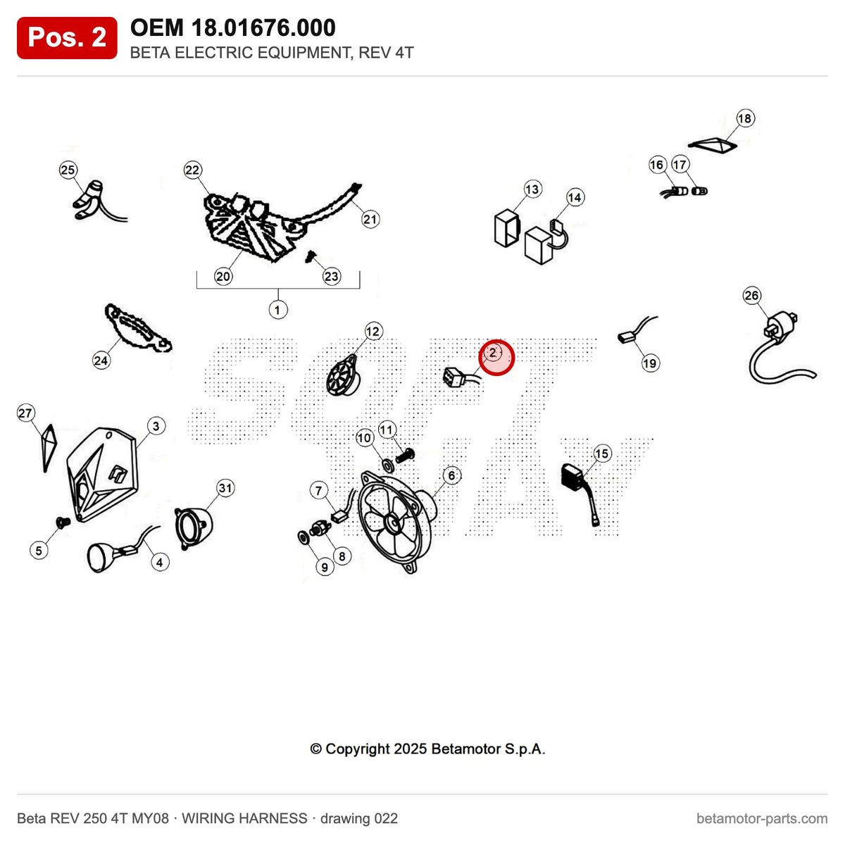 BETA ELECTRIC EQUIPMENT, REV 4T – OEM 18.01676.000, position 2 on the Beta REV 250 4T MY08 wiring harness drawing