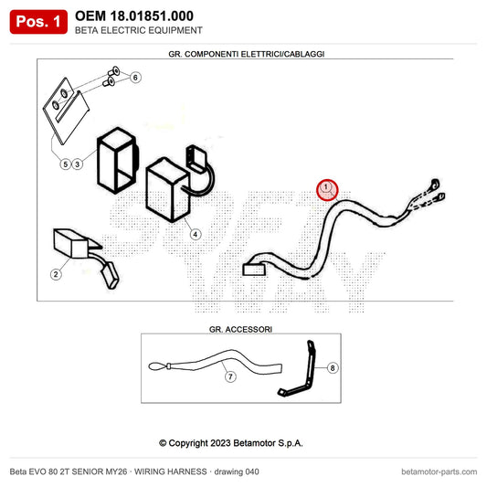 BETA ELECTRIC EQUIPMENT – OEM 18.01851.000, position 1 on the Beta EVO 80 2T SENIOR MY26 wiring harness drawing