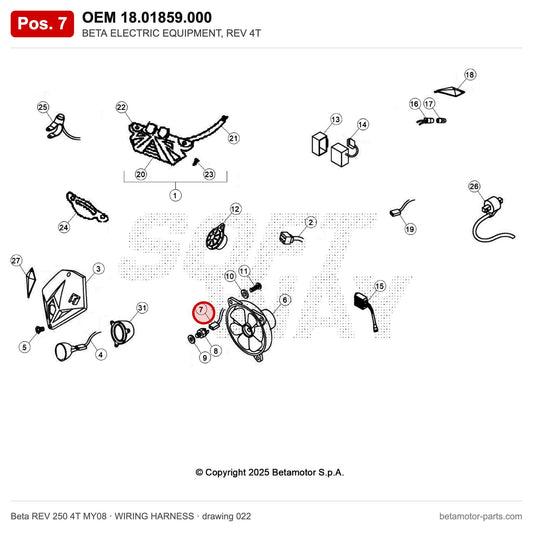 BETA ELECTRIC EQUIPMENT, REV 4T – OEM 18.01859.000, position 7 on the Beta REV 250 4T MY08 wiring harness drawing
