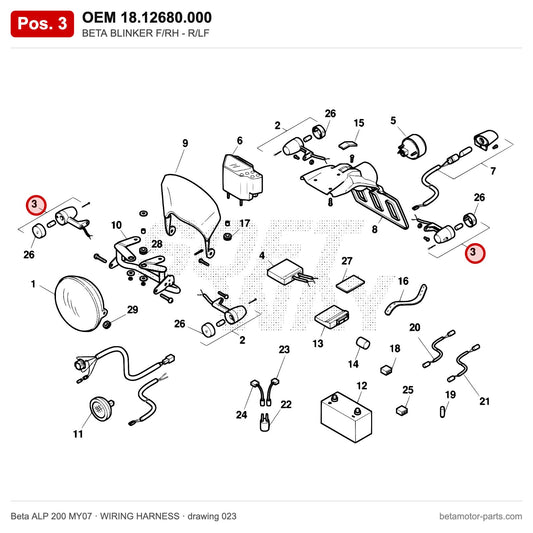 BETA BLINKER F/RH - R/LF – OEM 18.12680.000, position 3 on the Beta ALP 200 MY07 wiring harness drawing