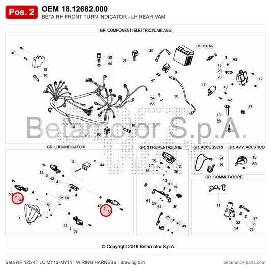 BETA RH FRONT TURN INDICATOR - LH REAR VAM – OEM 18.12682.000, position 2 on the Beta RR 125 4T LC MY13-MY14 wiring harness drawing