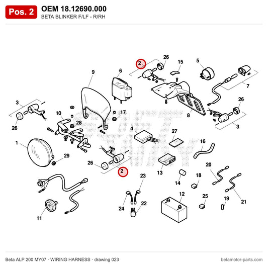 BETA BLINKER F/LF - R/RH – OEM 18.12690.000, position 2 on the Beta ALP 200 MY07 wiring harness drawing