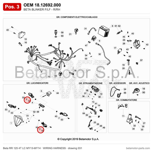 BETA BLINKER F/LF - R/RH – OEM 18.12692.000, position 3 on the Beta RR 125 4T LC MY13-MY14 wiring harness drawing