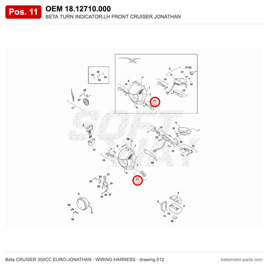 BETA TURN INDICATOR,LH FRONT CRUISER JONATHAN – OEM 18.12710.000, position 11 on the Beta CRUISER 350CC EURO-JONATHAN wiring harness drawing