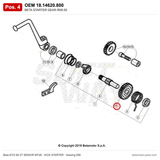 BETA STARTER GEAR RK6-50 – OEM 18.14620.800, position 4 on the Beta EVO 80 2T SENIOR MY26 kick starter drawing