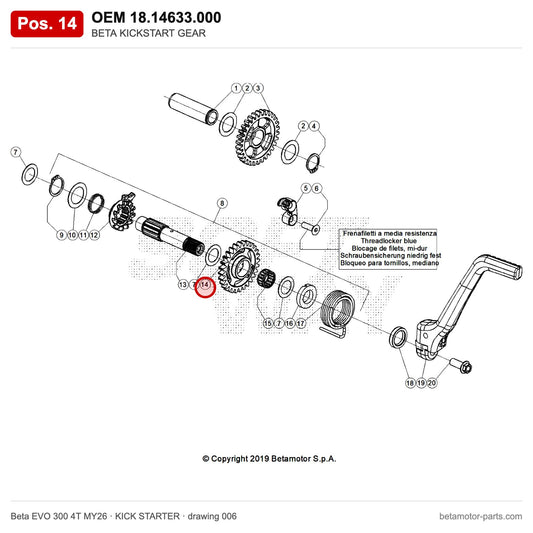 BETA KICKSTART GEAR – OEM 18.14633.000, position 14 on the Beta EVO 300 4T MY26 kick starter drawing