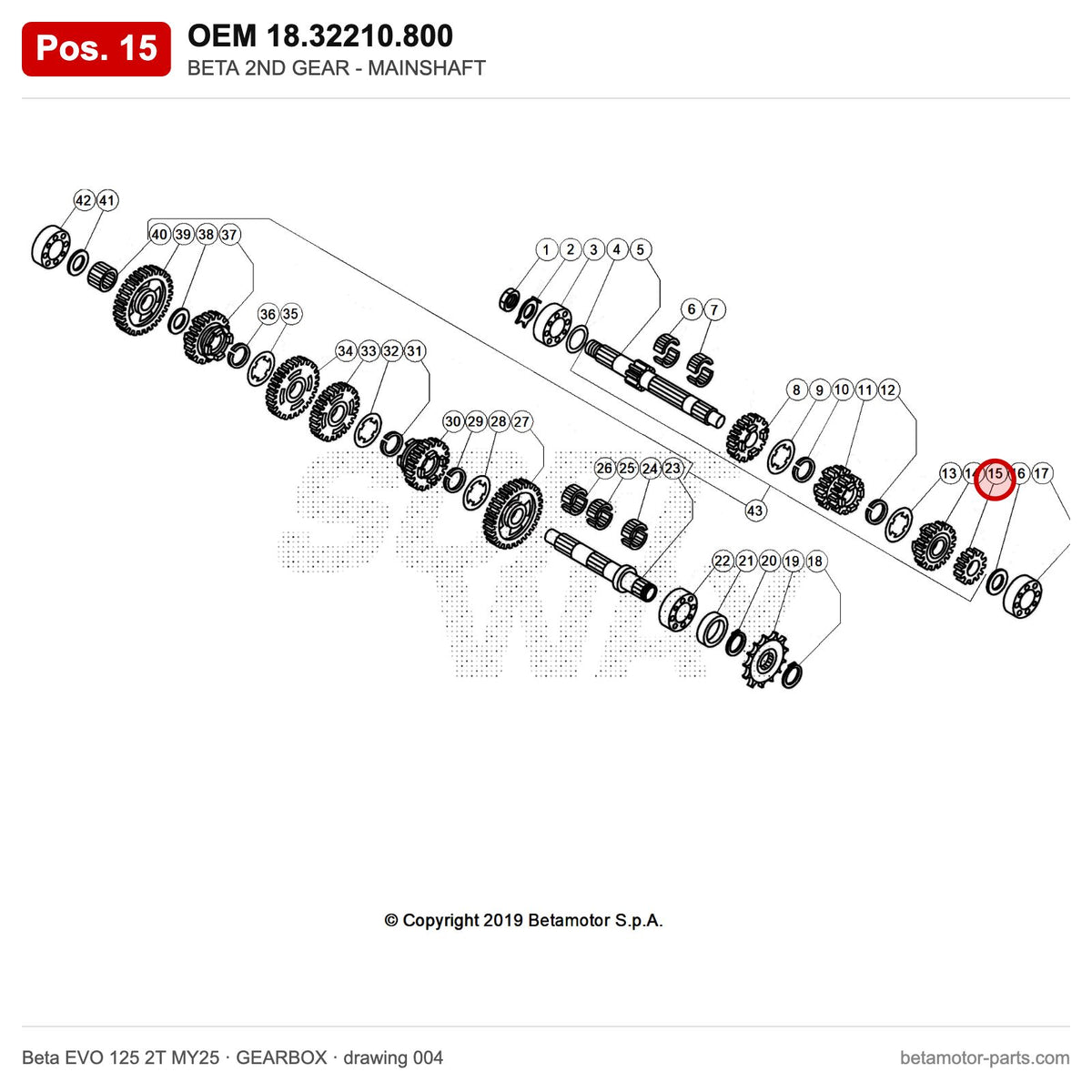 BETA 2ND GEAR - MAINSHAFT – OEM 18.32210.800, position 15 on the Beta EVO 125 2T MY25 gearbox drawing