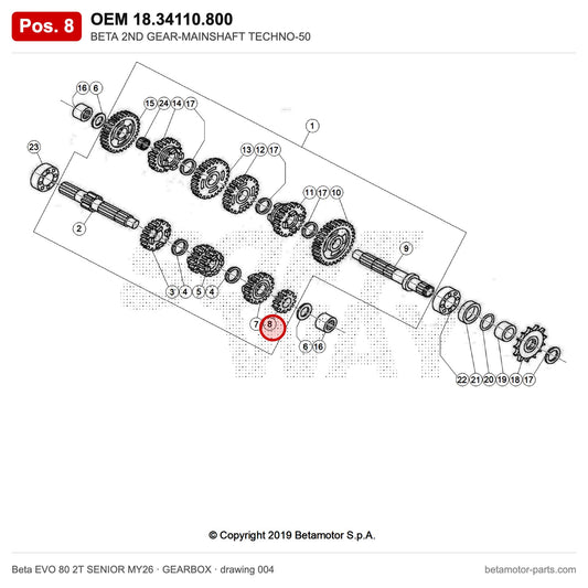 BETA 2ND GEAR-MAINSHAFT TECHNO-50 – OEM 18.34110.800, position 8 on the Beta EVO 80 2T SENIOR MY26 gearbox drawing