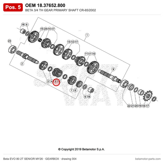 BETA 3/4 TH GEAR PRIMARY SHAFT CR-65/2002 – OEM 18.37652.800, position 5 on the Beta EVO 80 2T SENIOR MY26 gearbox drawing
