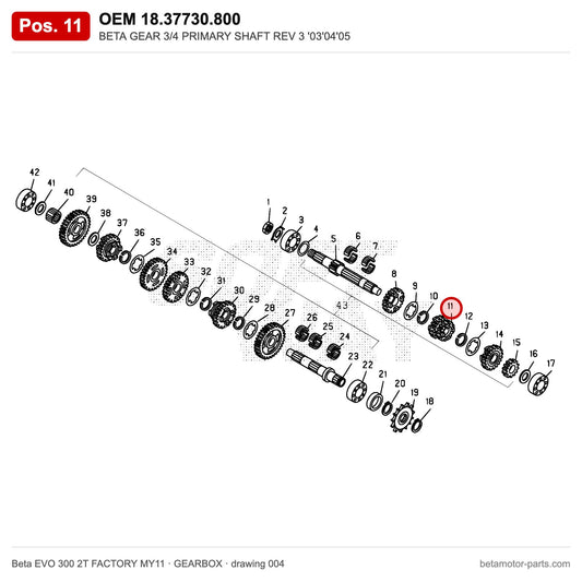BETA GEAR 3/4 PRIMARY SHAFT REV 3 '03'04'05 – OEM 18.37730.800, position 11 on the Beta EVO 300 2T FACTORY MY11 gearbox drawing