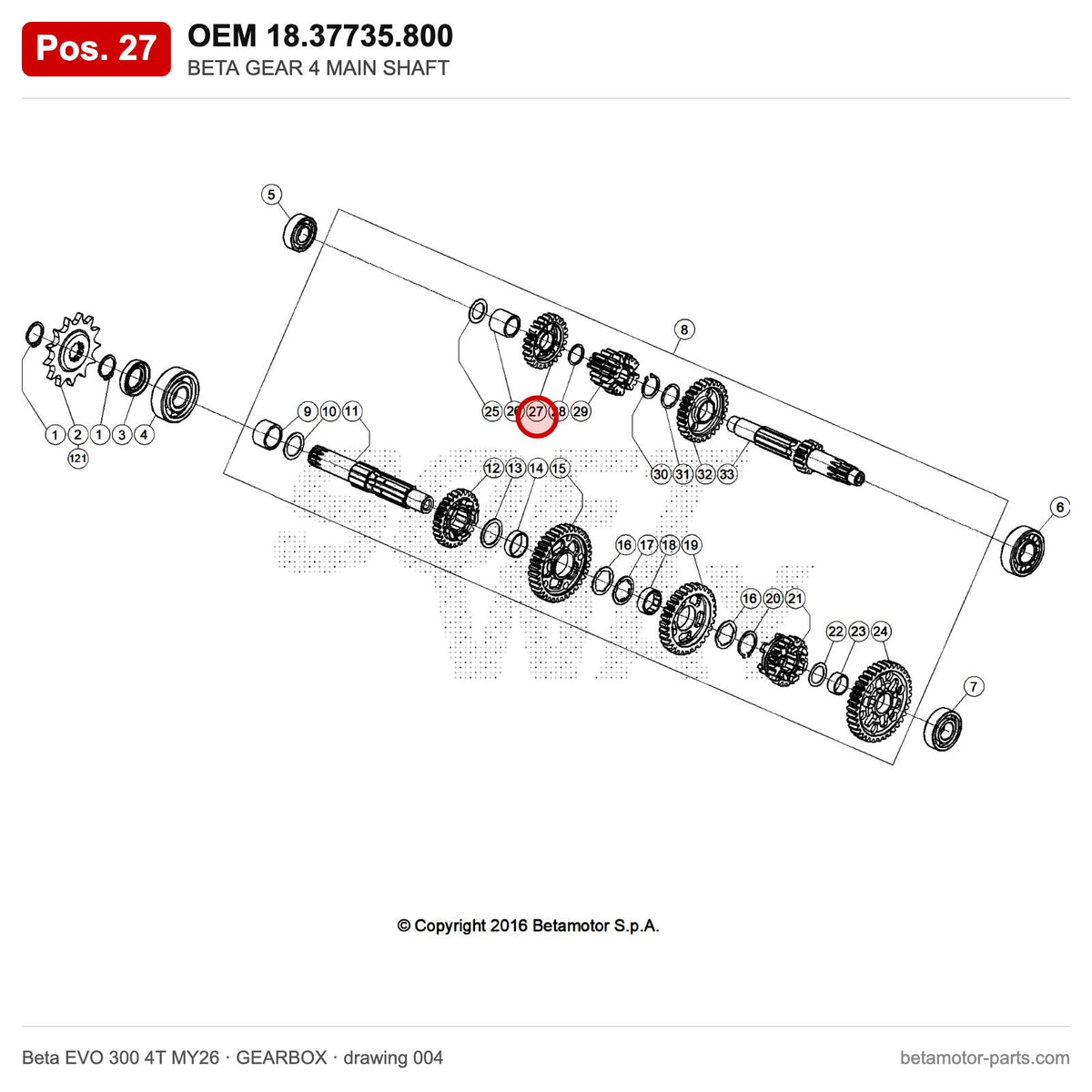 BETA GEAR 4 MAIN SHAFT – OEM 18.37735.800, position 27 on the Beta EVO 300 4T MY26 gearbox drawing