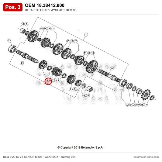 BETA 5TH GEAR LAYSHAFT REV 80 – OEM 18.38412.800, position 3 on the Beta EVO 80 2T SENIOR MY26 gearbox drawing
