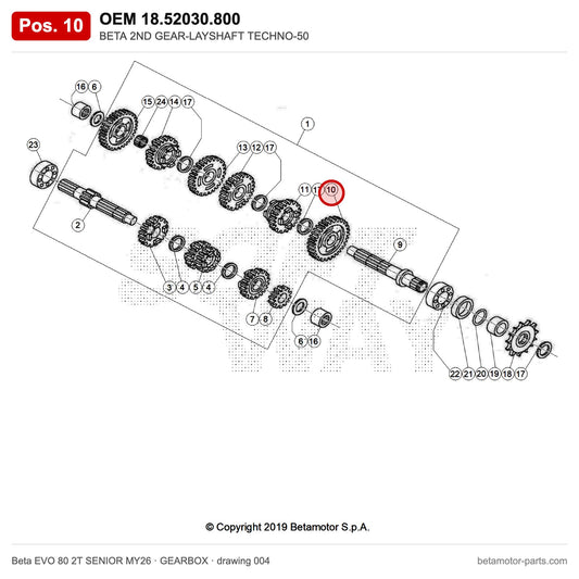 BETA 2ND GEAR-LAYSHAFT TECHNO-50 – OEM 18.52030.800, position 10 on the Beta EVO 80 2T SENIOR MY26 gearbox drawing