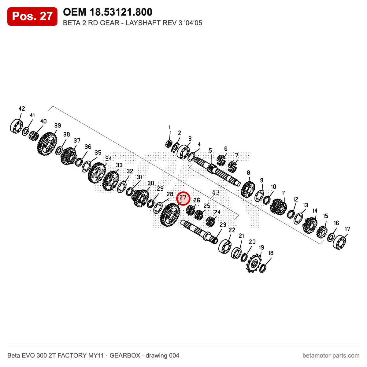 BETA 2 RD GEAR - LAYSHAFT REV 3 '04'05 – OEM 18.53121.800, position 27 on the Beta EVO 300 2T FACTORY MY11 gearbox drawing