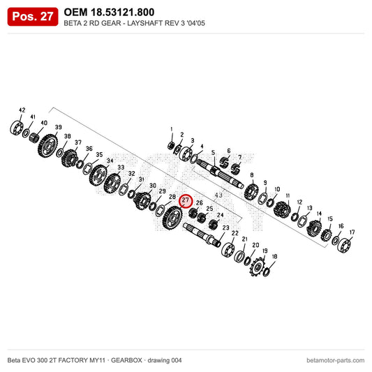 BETA 2 RD GEAR - LAYSHAFT REV 3 '04'05 – OEM 18.53121.800, position 27 on the Beta EVO 300 2T FACTORY MY11 gearbox drawing