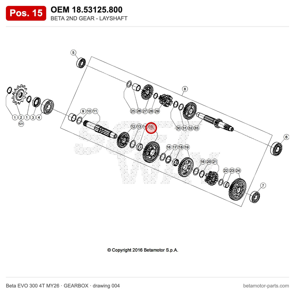 BETA 2ND GEAR - LAYSHAFT – OEM 18.53125.800, position 15 on the Beta EVO 300 4T MY26 gearbox drawing