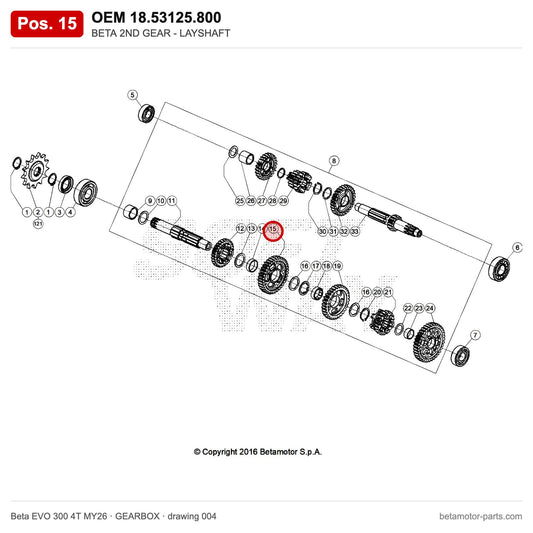 BETA 2ND GEAR - LAYSHAFT – OEM 18.53125.800, position 15 on the Beta EVO 300 4T MY26 gearbox drawing
