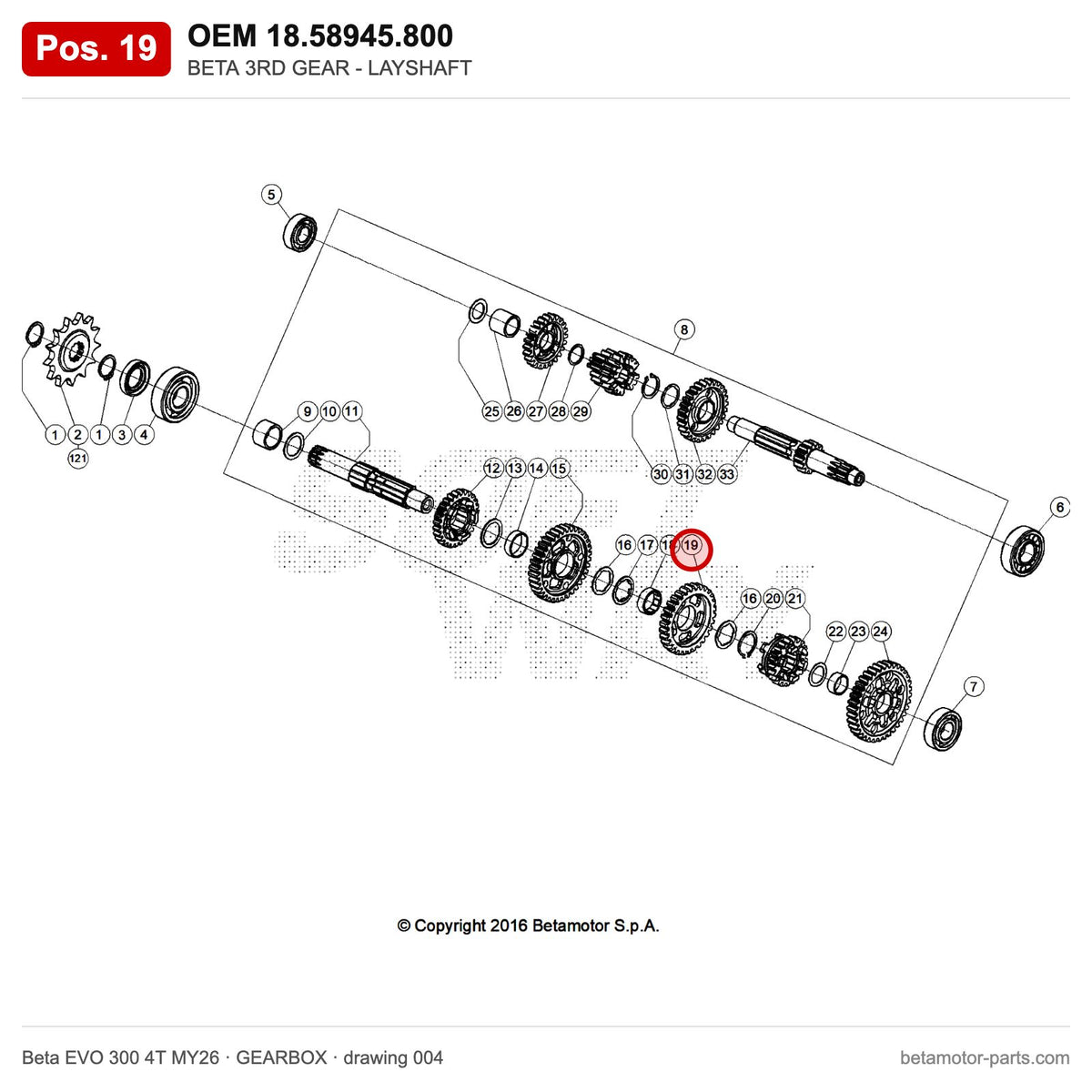 BETA 3RD GEAR - LAYSHAFT – OEM 18.58945.800, position 19 on the Beta EVO 300 4T MY26 gearbox drawing