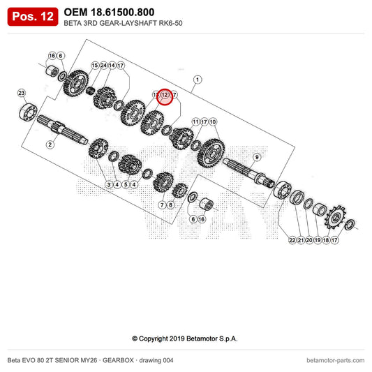 BETA 3RD GEAR-LAYSHAFT RK6-50 – OEM 18.61500.800, position 12 on the Beta EVO 80 2T SENIOR MY26 gearbox drawing