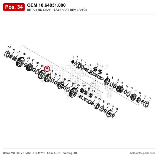BETA 4 RD GEAR - LAYSHAFT REV 3 '04'05 – OEM 18.64831.800, position 34 on the Beta EVO 300 2T FACTORY MY11 gearbox drawing
