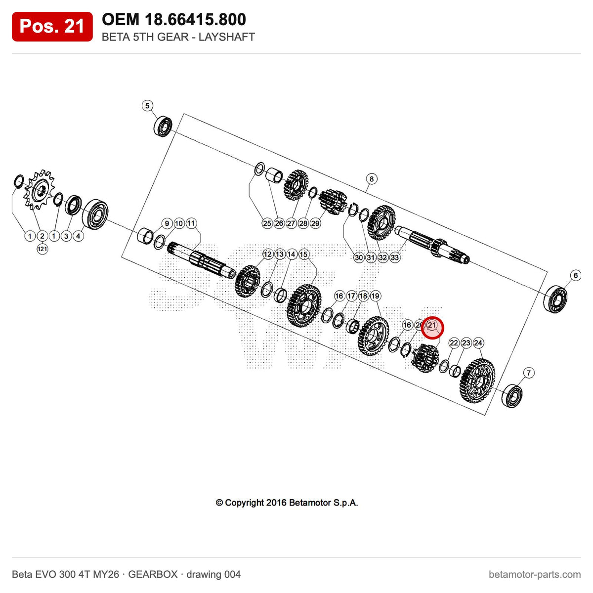 BETA 5TH GEAR - LAYSHAFT – OEM 18.66415.800, position 21 on the Beta EVO 300 4T MY26 gearbox drawing