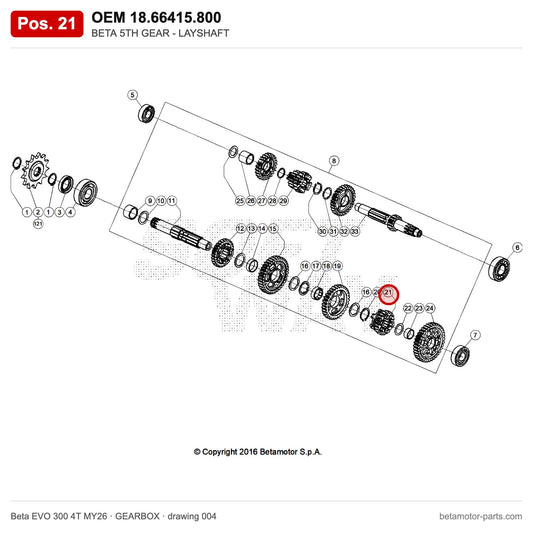 BETA 5TH GEAR - LAYSHAFT – OEM 18.66415.800, position 21 on the Beta EVO 300 4T MY26 gearbox drawing