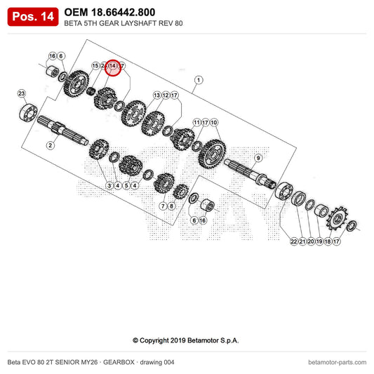BETA 5TH GEAR LAYSHAFT REV 80 – OEM 18.66442.800, position 14 on the Beta EVO 80 2T SENIOR MY26 gearbox drawing